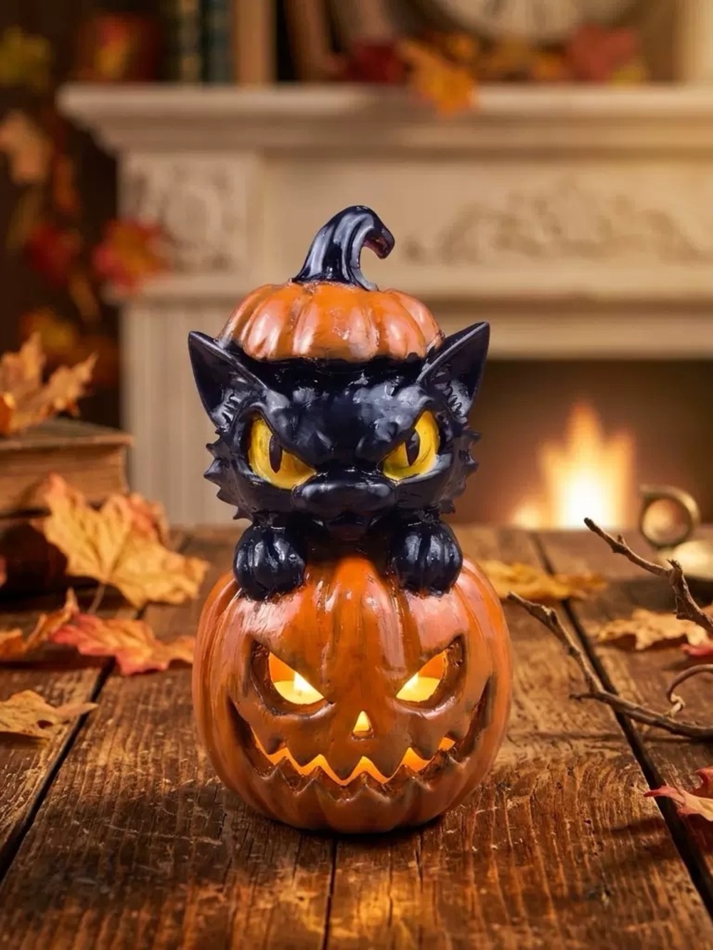 Black Cat Pumpkin Stack Halloween Table Accent - Orange and Black